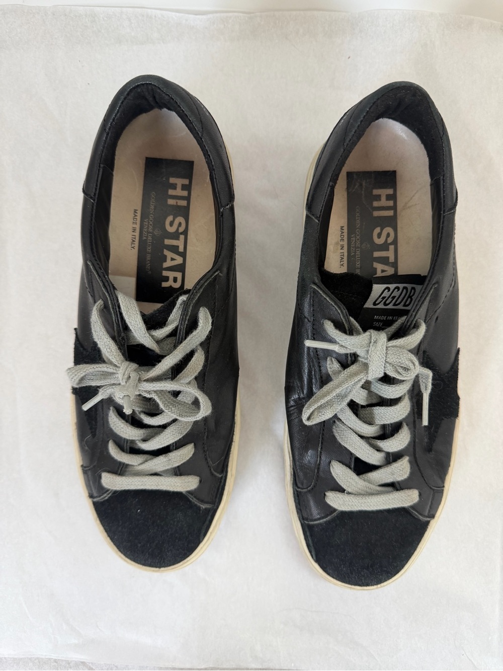 Golden Goose Hi Star Black Leather Suede Sneakers Size 38